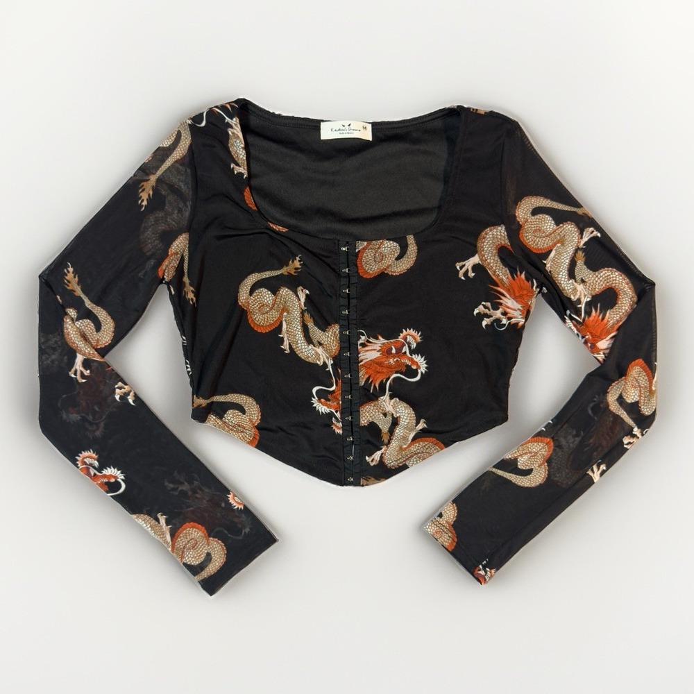 Rebellious Dreamer Dragon Mesh Crop Top Womens M Black Corset Hook Eye Y2K